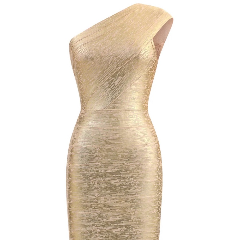 One-Shoulder Metallic Gold Midi Dress